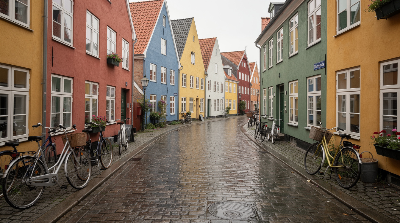 Row of colorful traditional houses in a Danish town