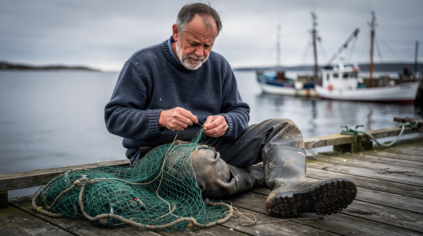 Fisherman mending nets on a Danish quay