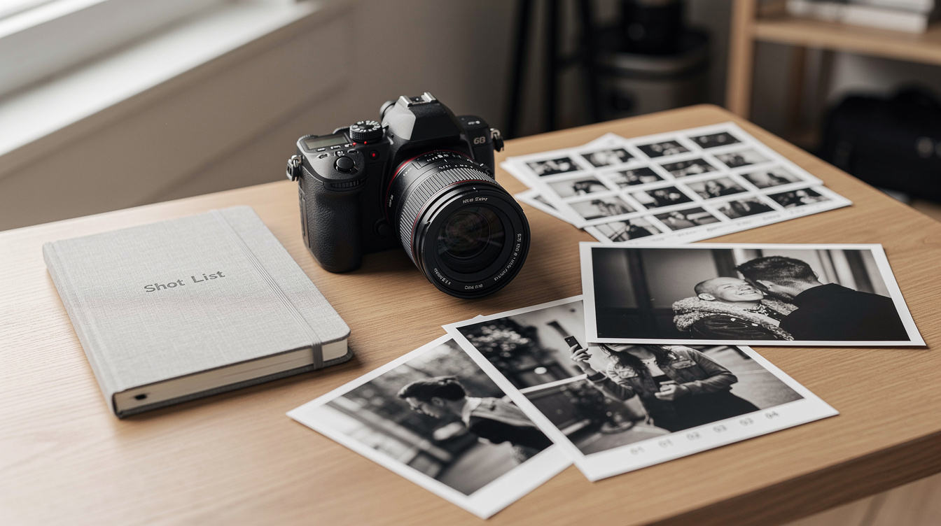 Editorial studio desk with cameras and printed photographs